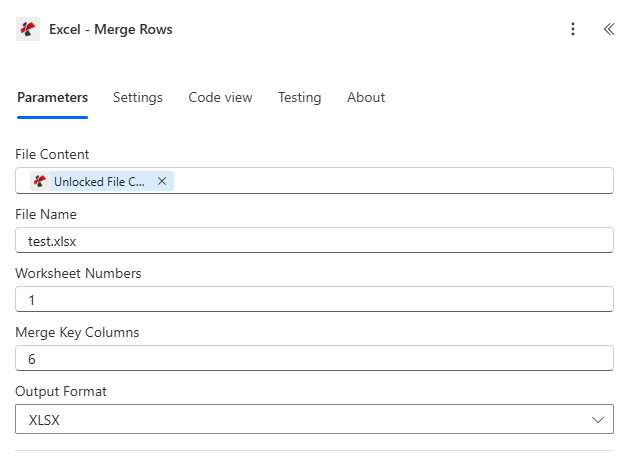 Haz clic para ampliar Acción de combinación de filas de Excel de PDF4me de Power Automate que muestra el contenido del archivo, el nombre del archivo, los números de hoja de cálculo, las columnas clave de combinación y los campos de formato de salida.